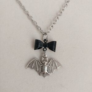 Goth silver bat & black bow handmade vampire necklace